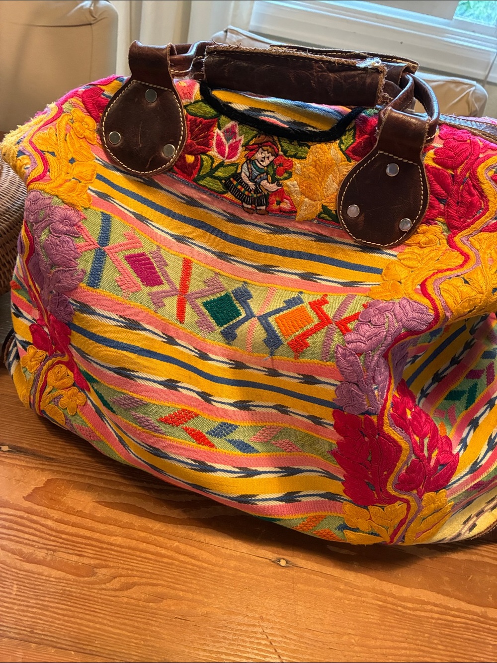 Vintage Peruvian Embroidered Fabric Leather Trim X-Large Duffle Travel Bag